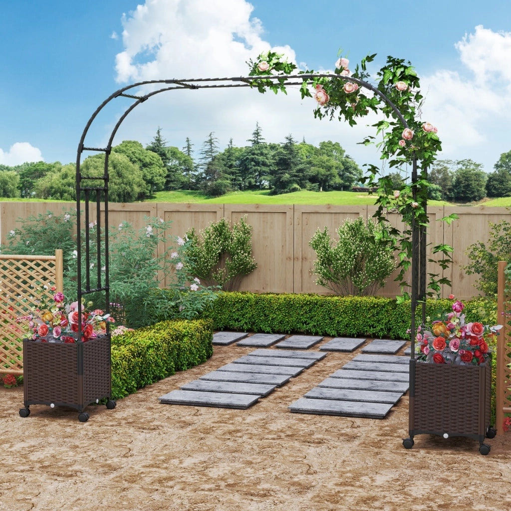 Arco da giardino 288 cm con 2 fioriere, Arco decorativo per piante rampicanti con sistema di autoirrigazione Nero + Marrone