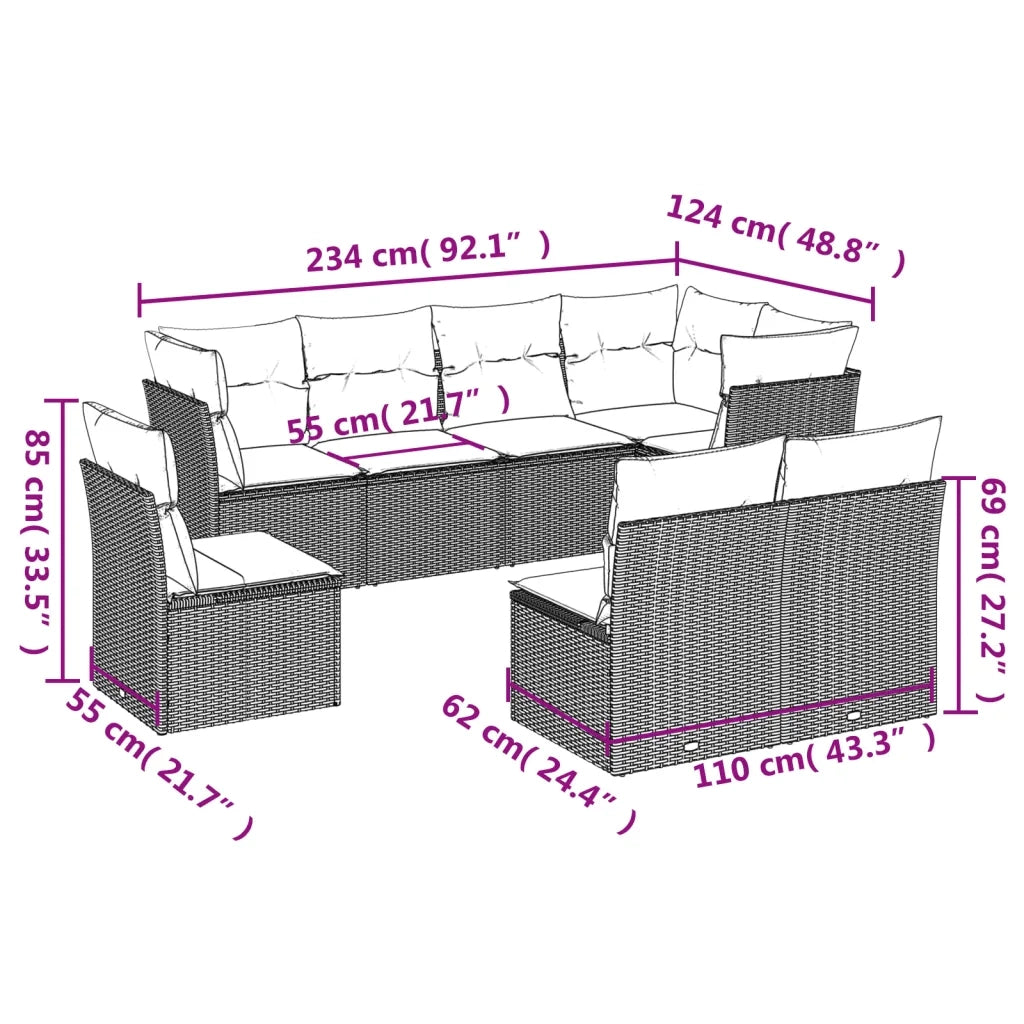 Set Divani da Giardino 8 pz con Cuscini Marrone in Polyrattan