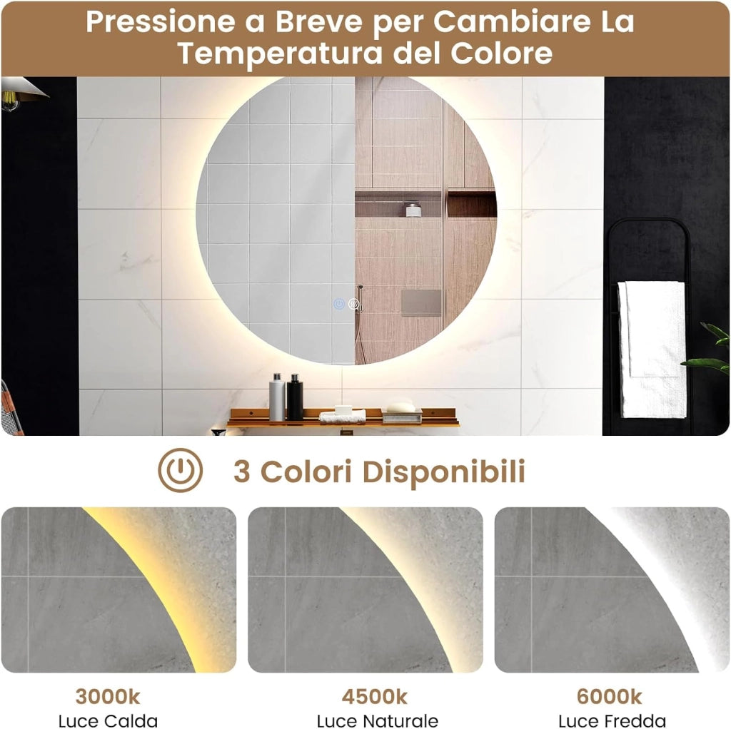 Specchio da Parete 60cm, Specchio Rotondo Bagno con Luci Led a 3 Colori, Mensola e Funzioni di Autosbrinante e di Memoria, per Soggiorno e Camera da Letto, IP44