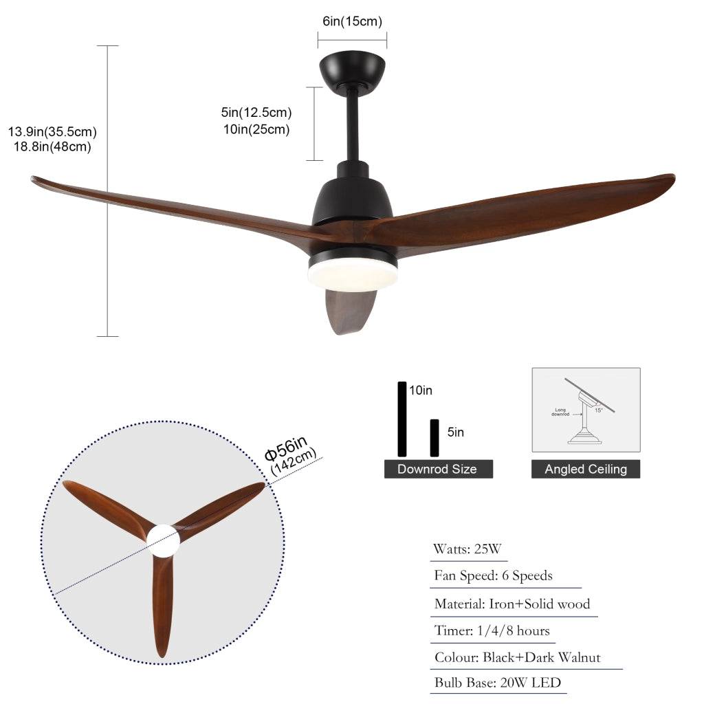 Ventilatore da soffitto 52 pollici con luce LED dimmerabile; telecomando e 3 pale in legno