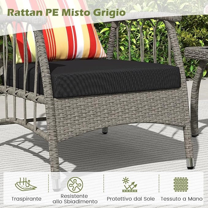 Set Salotto da Giardino in Rattan PE, Set da Esterno con 2 Poltrone Divani Schienale Regolabile, 4 Cuscini e Tavolo, Set Attedo Giardino Resistente, per Balcone, Patio e Terrazza