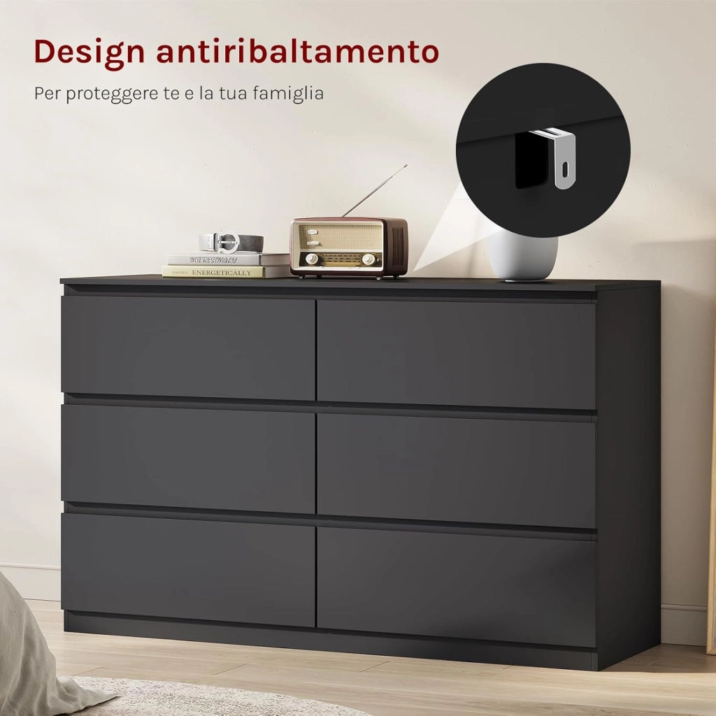Cassettiera Camera da Letto, Mobile Ingresso con 6 Cassetti, Salvaspazio e Moderno per Soggiorno, Corridoio, in Legno, 120x40x75 cm, Nero