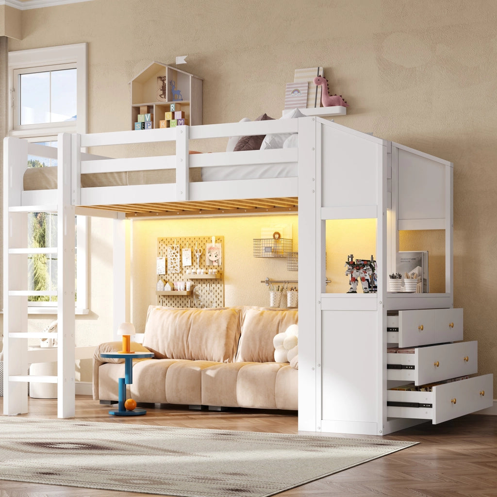 Letto a soppalco 90x200 cm con 3 cassetti; ripiani e luce LED; bianco in legno massello e MDF
