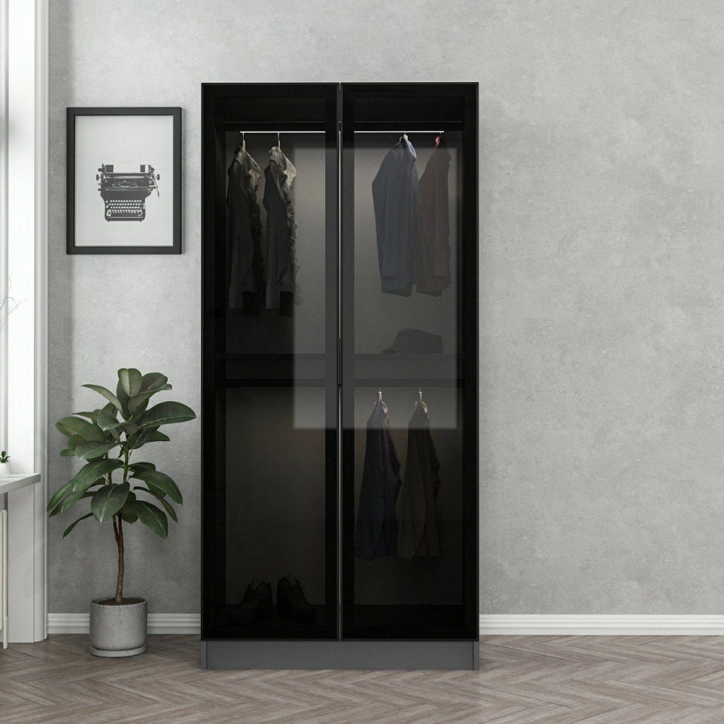 Armadio Camera da Letto Moconesi, Guardaroba 2 Ante Appendiabiti, 90x210h cm Nero Antracite
