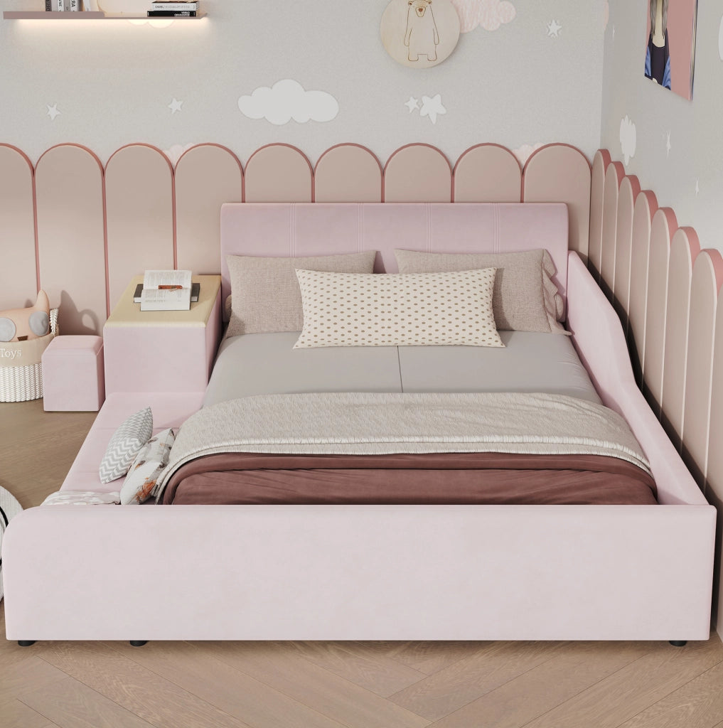 Letto imbottito 140x200 cm con scrivania; sgabello e ripiano in velluto rosa