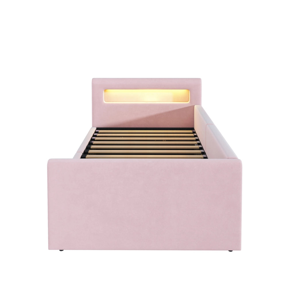 Letto imbottito per bambini 90x200 cm in velluto rosa con LED; luce notturna; USB e contenitore