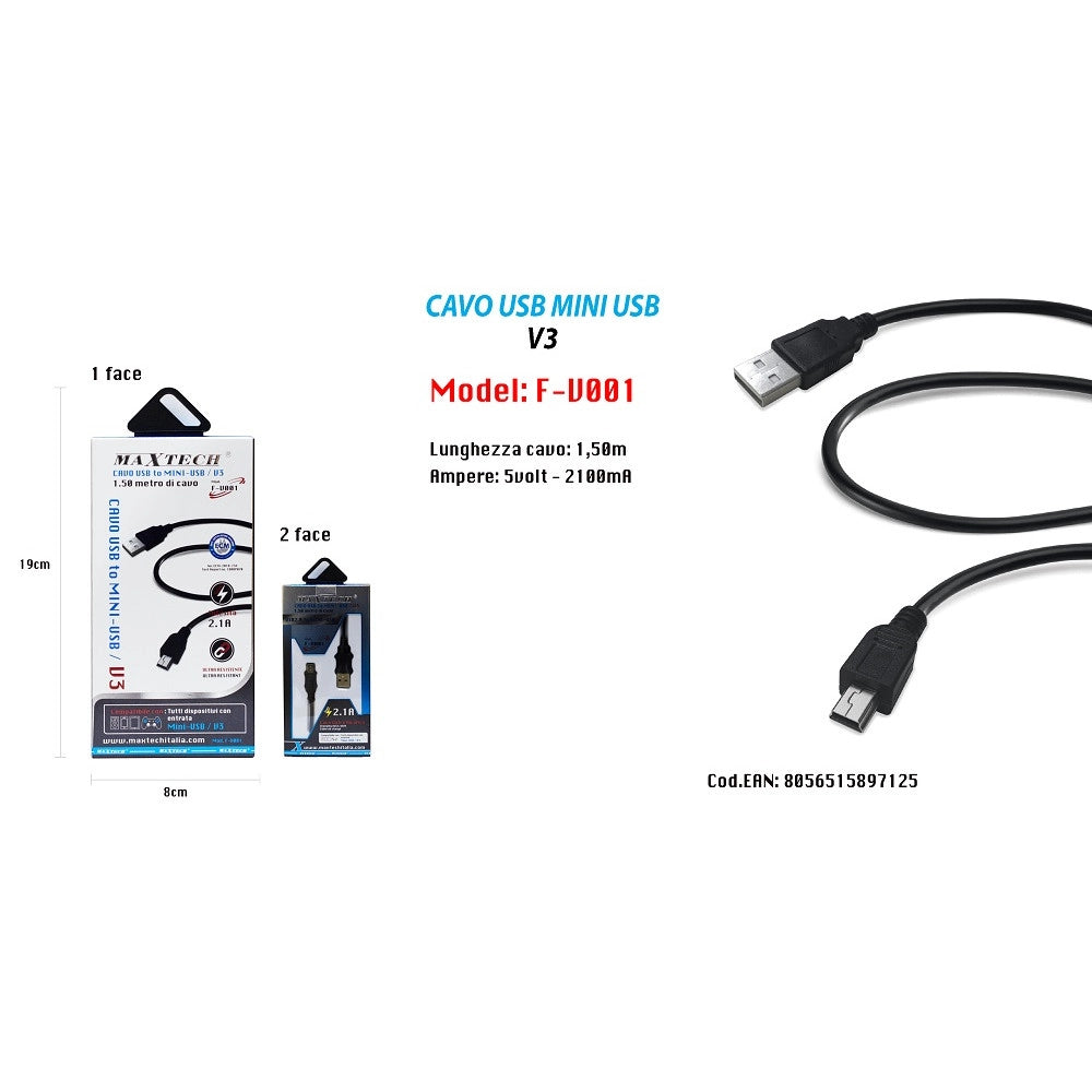 Trade Shop - Cavo Dati Ricarica Usb A Mini Usb/v3 1.5 Mt 2100ma Per Mp3 Mp4 Ps Maxtech F-v001 -