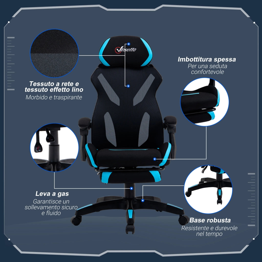 Sedia da Ufficio Ergonomica Gaming ¨C Xylo ¨C Tessuto Nero e Blu con Supporto Lombare, 65x65x119-129cm