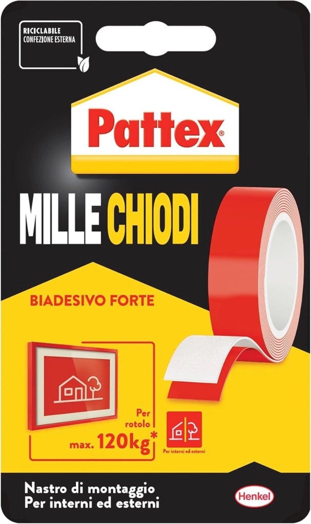 Nastro Biadesivo Extra Forte Millechiodi 19 mm x 1,5 m per Interni ed Esterni Fino a 120 kg di Tenuta Pattex Henkel