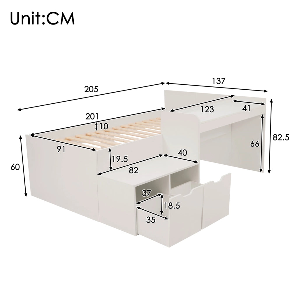 Lettino per bambini 90x200 cm con scrivania e 2 cassetti; in legno massiccio e MDF; bianco