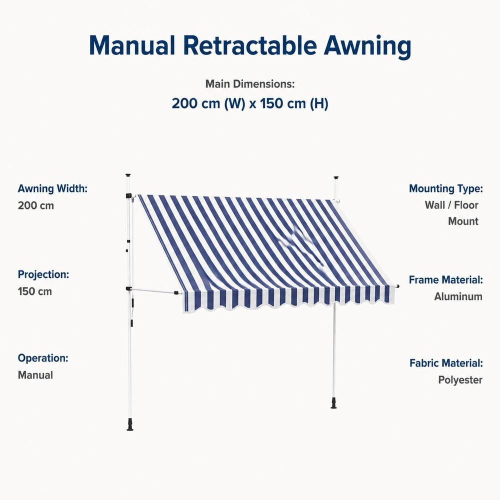 Retractable Awning, Manually Operated, 300 Cm, Blue/white Striped