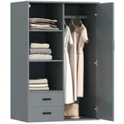 Armadio Moderno con 2 Cassetti, Ripiani Aperti e Vano Appendiabiti, 80x50x124 cm, Grigio Scuro