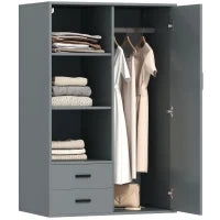 Armadio Moderno con 2 Cassetti, Ripiani Aperti e Vano Appendiabiti, 80x50x124 cm, Grigio Scuro