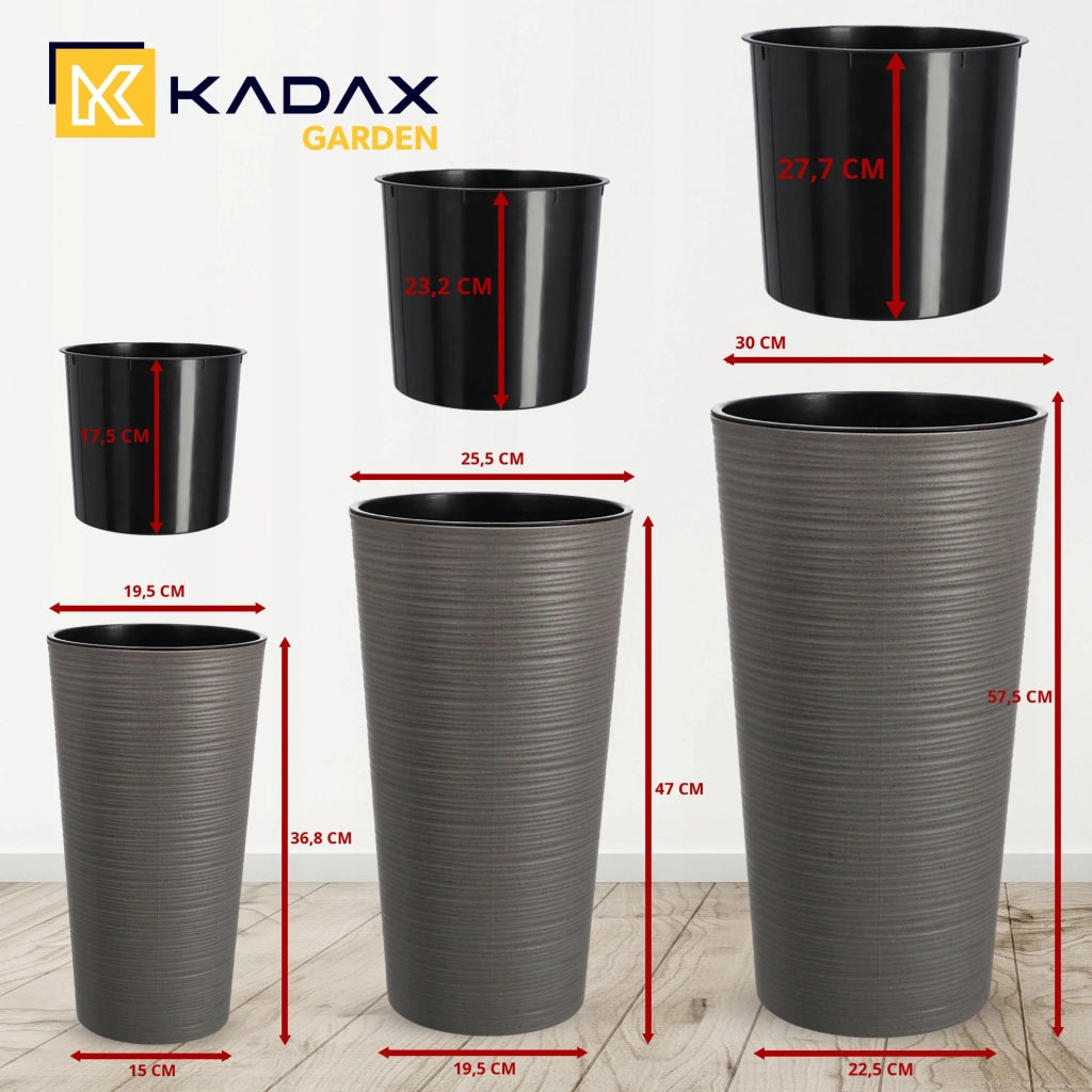 Set di 3 vasi da fiori KADAX, vasi da giardino + inserti, alti, grandi, grigi 37+47+57 cm