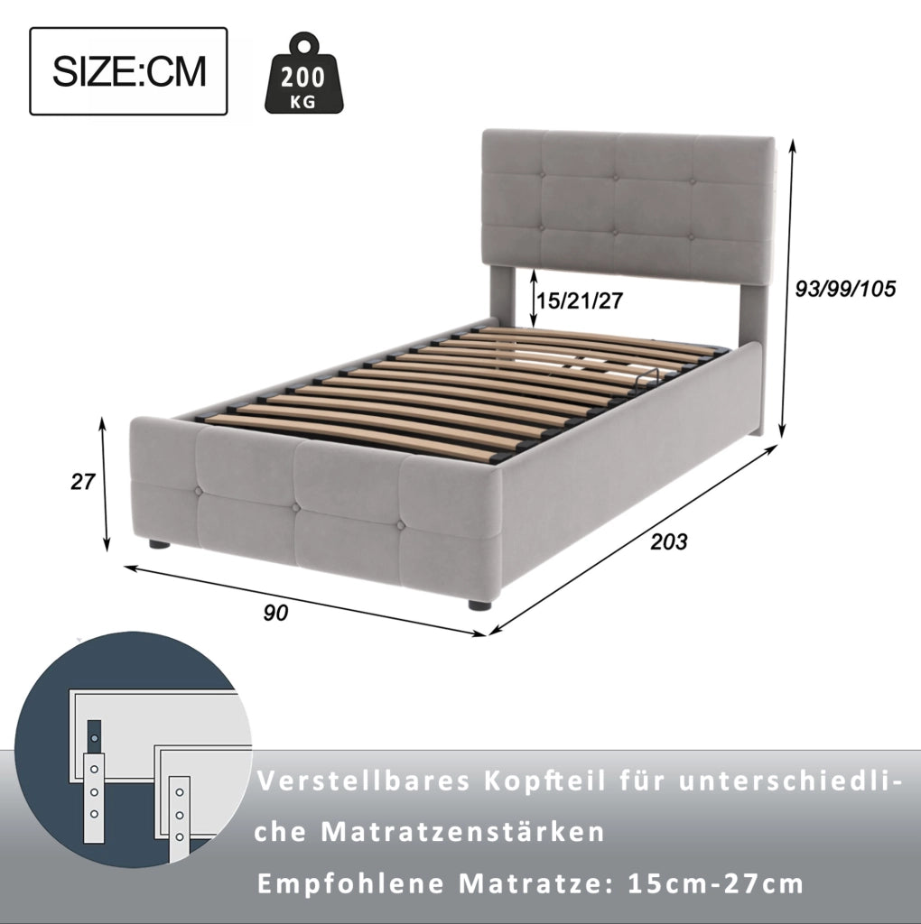 Letto imbottito con contenitore e testiera regolabile, 90x200 cm