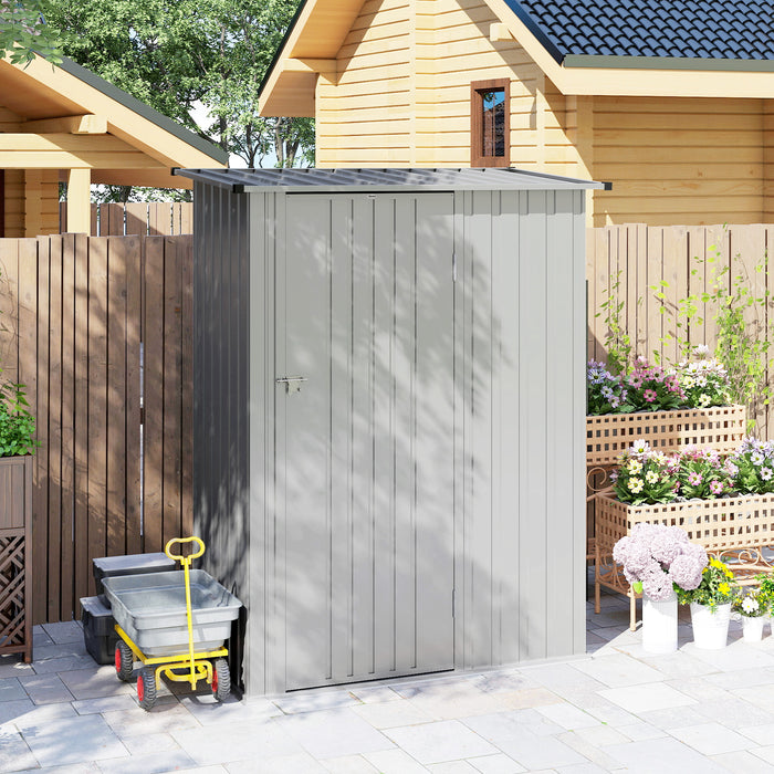 Capanno Porta Attrezzi 142x86x189 cm con Tetto Inclinato e Porta Bloccabile in Metallo Argento