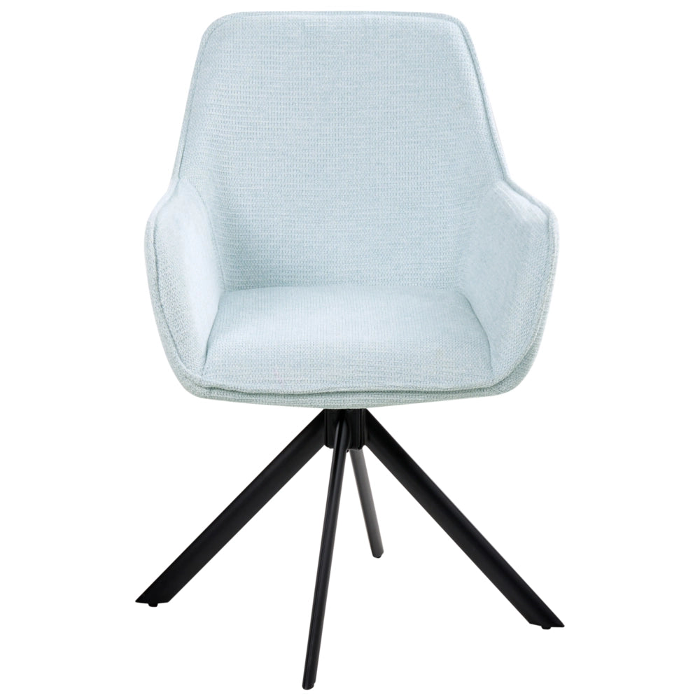Sedia da pranzo girevole in tessuto azzurro con braccioli, stile moderno scandinavo