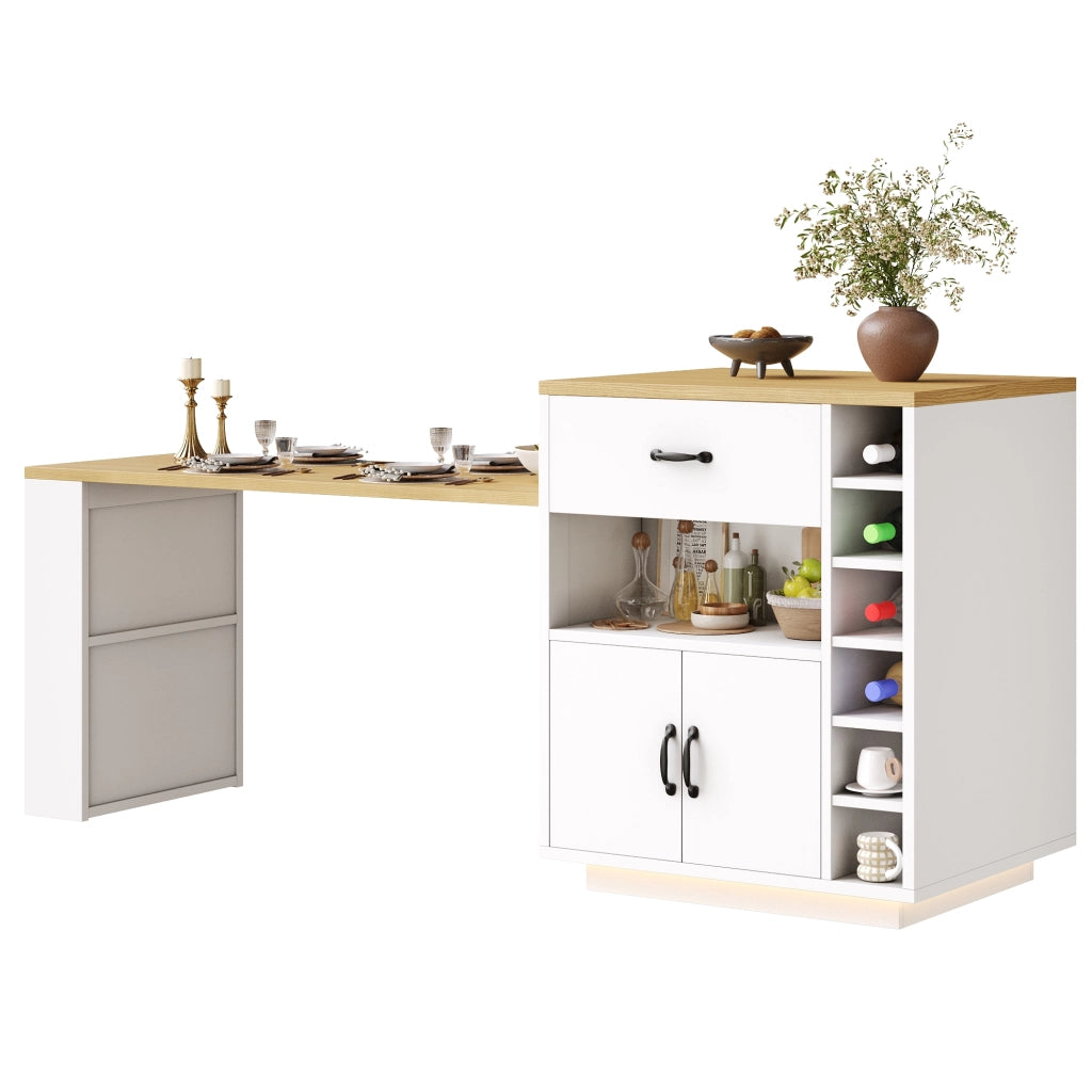 Isola cucina con LED - Zephmum - 2 cassetti, 4 ante, nero/bianco, tavolo estraibile