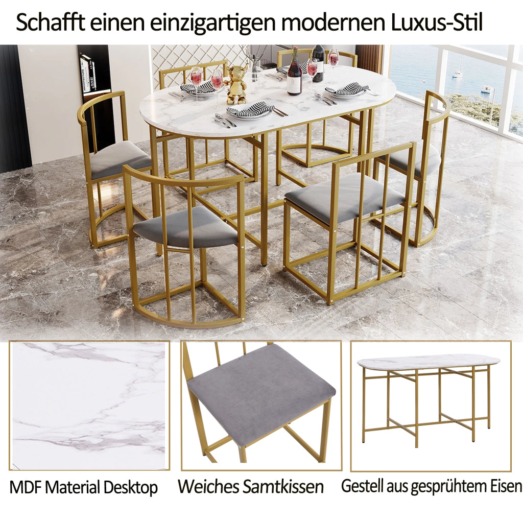 TAVOLO DA PRANZO Set da 6 pezzi Bianco MDF struttura in ferro oro