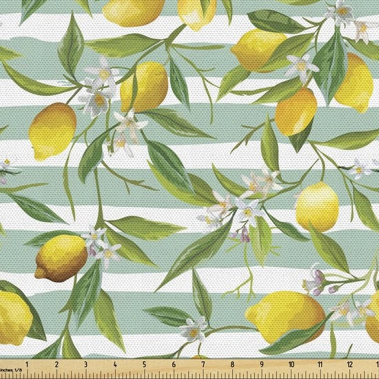 Tessuto in plastica per metro, Albero di agrumi in fiore, Rivestimento di alta qualità per accessori di arredamento, 10 m (148 x 1000 cm), Verde mare giallo crema.