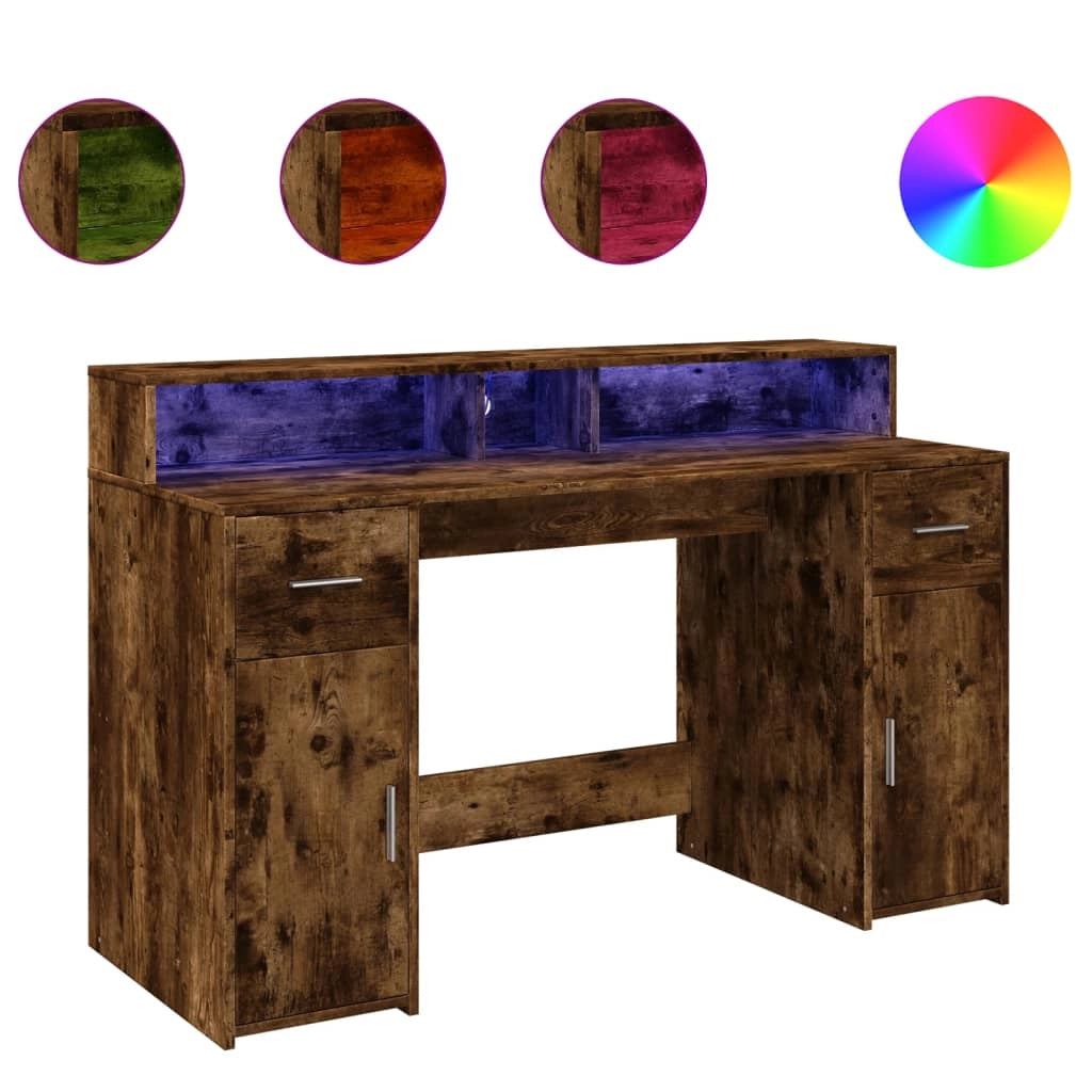 Scrivania da ufficio postazione di lavoro mobile per computer tavolo da studio con luci a LED rovere affumicato 140 x 55 x 91 cm legno ingegnerizzato marrone 02_0023784