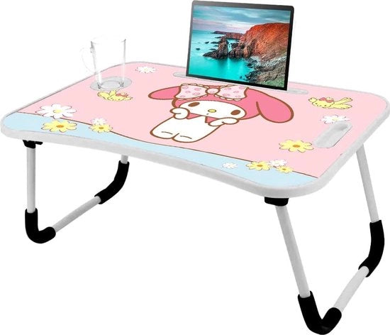 Tavolo per laptop, immagini cartoon, tavolo da portare con leva, tavolo con gambe ripiegabili e cavo per bibite, supporto per lettura, stand per notebook, tavolo da colazione per divano, letto, terrazza, balcone, giardino (rosa)