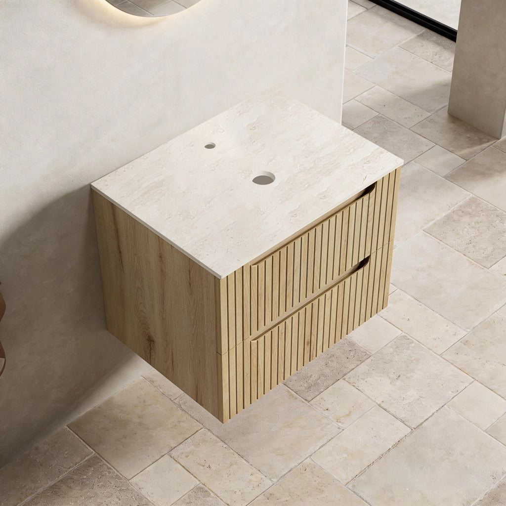 Mobile bagno con piano in pietra sinterizzata e struttura robusta; per bagno; 69×55×61 cm; rovere chiaro