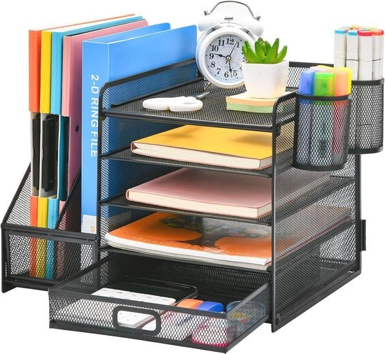 Organizzatore di Scrivania con Supporto per Carte e Cassetto per Lettere - Accessori per la Ricerca dello Spazio di Ufficio con Lavello e Orecchioni per Pennarelli (Nero)