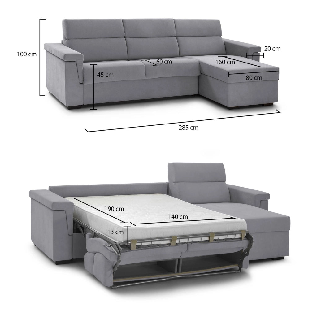 Esca, Divano Letto con Penisola Sfoderabile Made in Italy, 285x160 cm Grigio