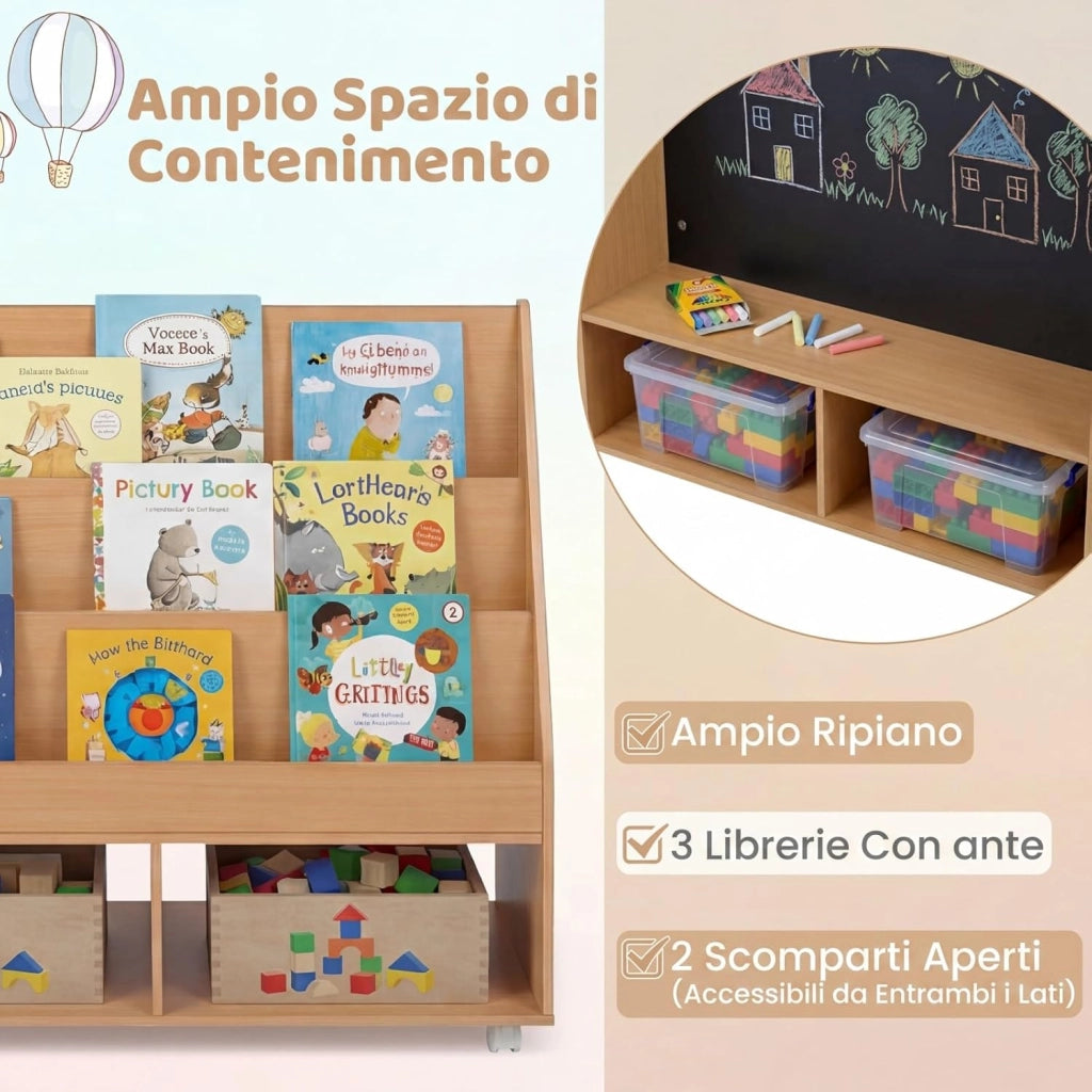 Libreria Montessoriana per Bambini, Scaffale per Giocattoli in Legno con Lavagna e 5 Ruote, Libreria a 3 Ripiani e Scomparti, per Cameretta e Asilo Nido, 90 x 45,5 x 87 cm (Naturale)