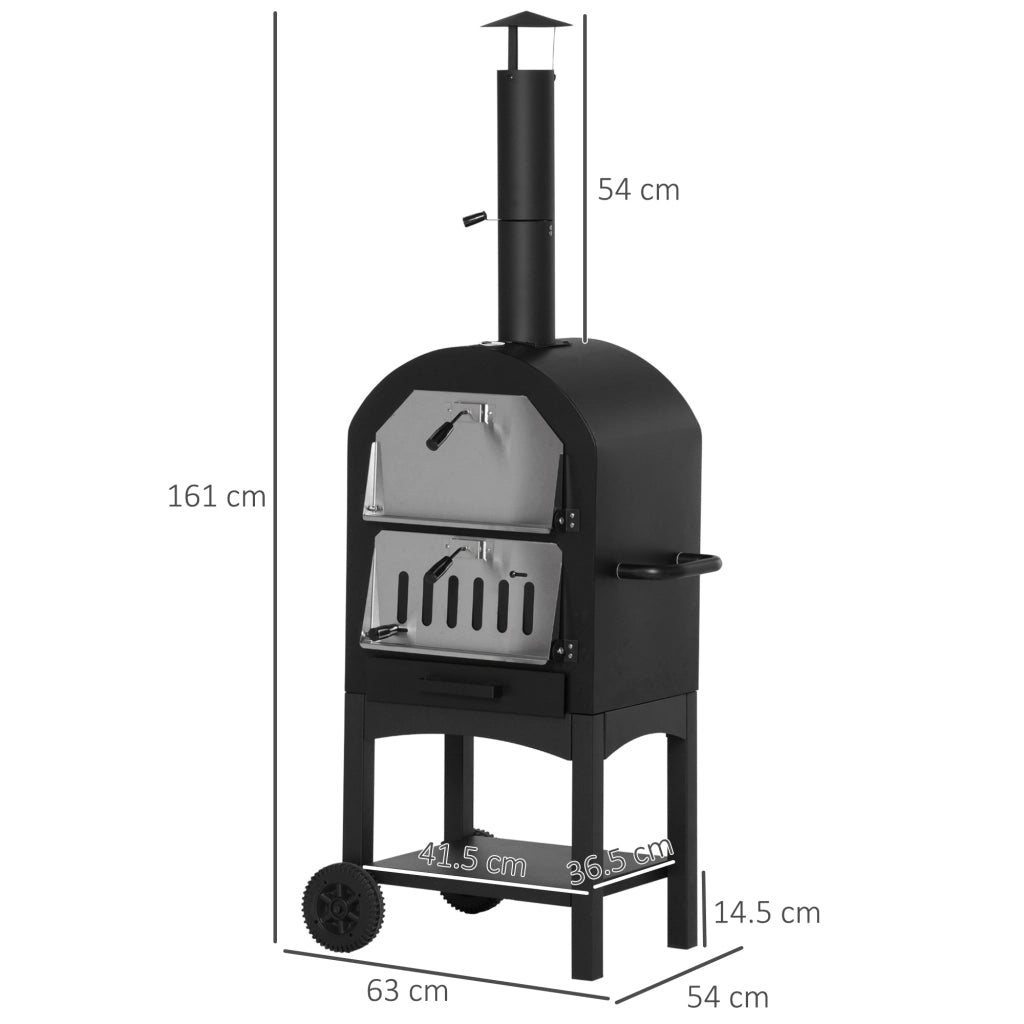 EasyComfort Forno per Pizza e Barbecue a Carbone Portatile in Acciaio con Camino e Ruote, 63x54x161 cm, Nero