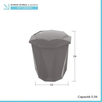 Pattumiera bagno grigio con coperchio basculante e capacità 5,5 lt
