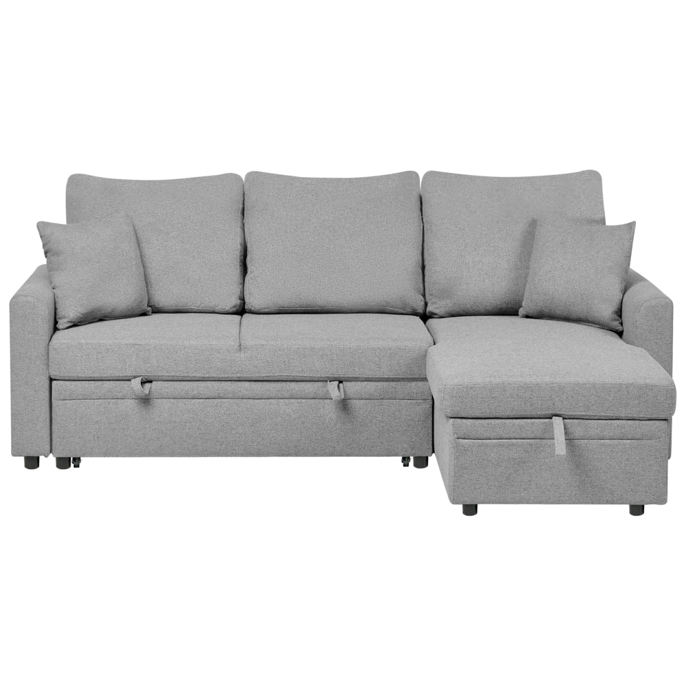 Divano letto angolare con contenitore lato sinistro grigio rivestimento in poliestere effetto lino contenitore cuscini design moderno