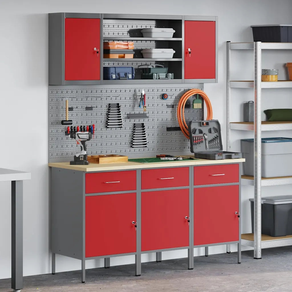 Mobile da lavoro 7 pcs Rosso Legno ingegnerizzato e acciaio 3321431