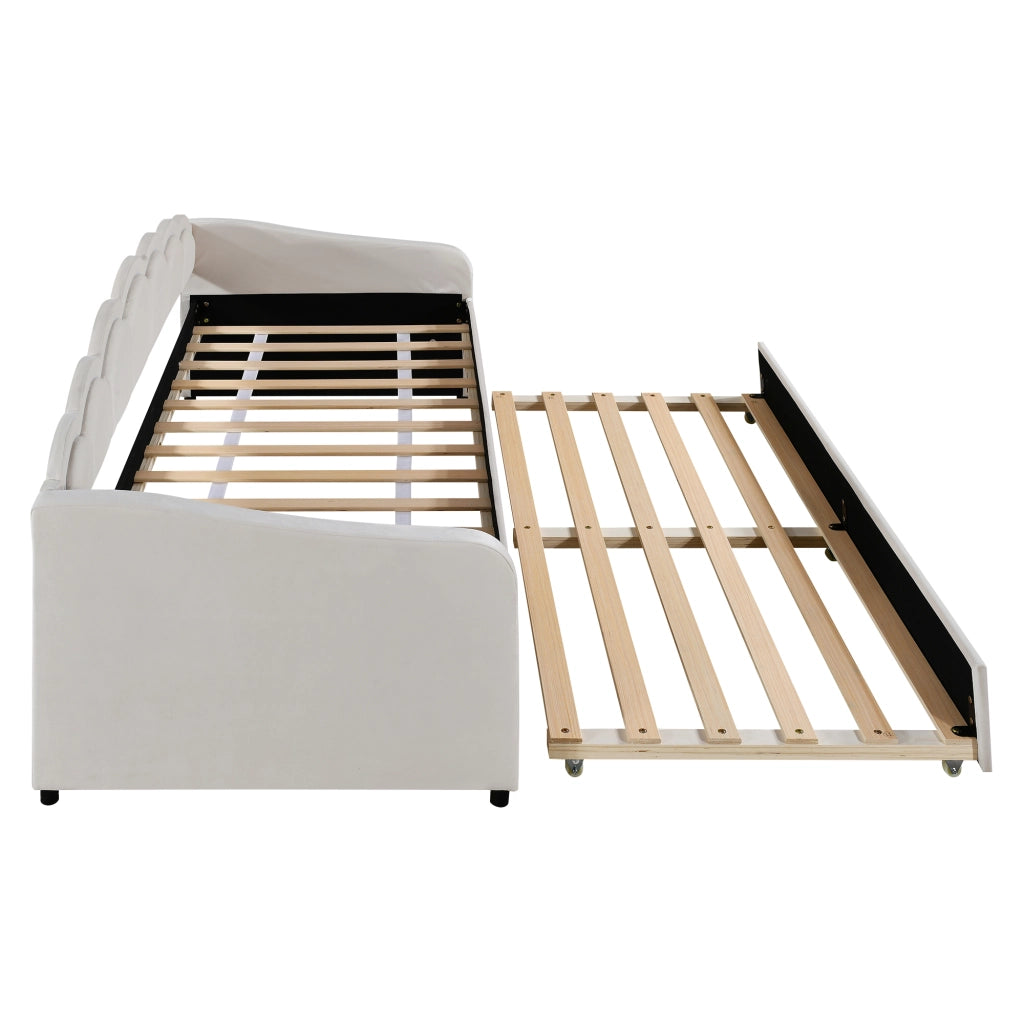 Letto con letto estraibile 90 × 200 cm con LED multicolore; 12 doghe; velluto beige e MDF