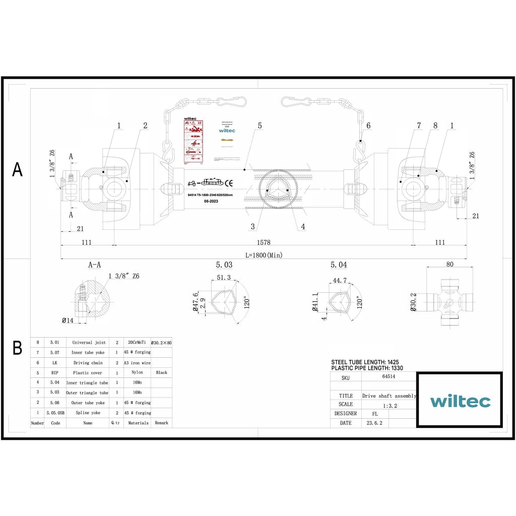 Albero cardanico T5 Giunto cardanico 1800-1980mm 620Nm 540rpm Cardano 54kW (74CV) 2x 1 3/8" 6 denti