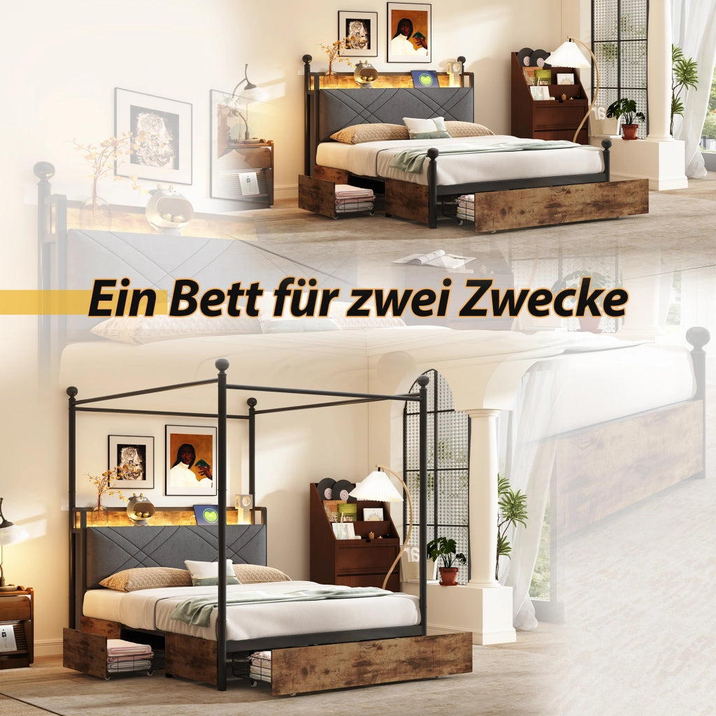 Letto matrimoniale a baldacchino 140×190 cm con LED; USB; Type-C e 3 cassetti; metallo nero