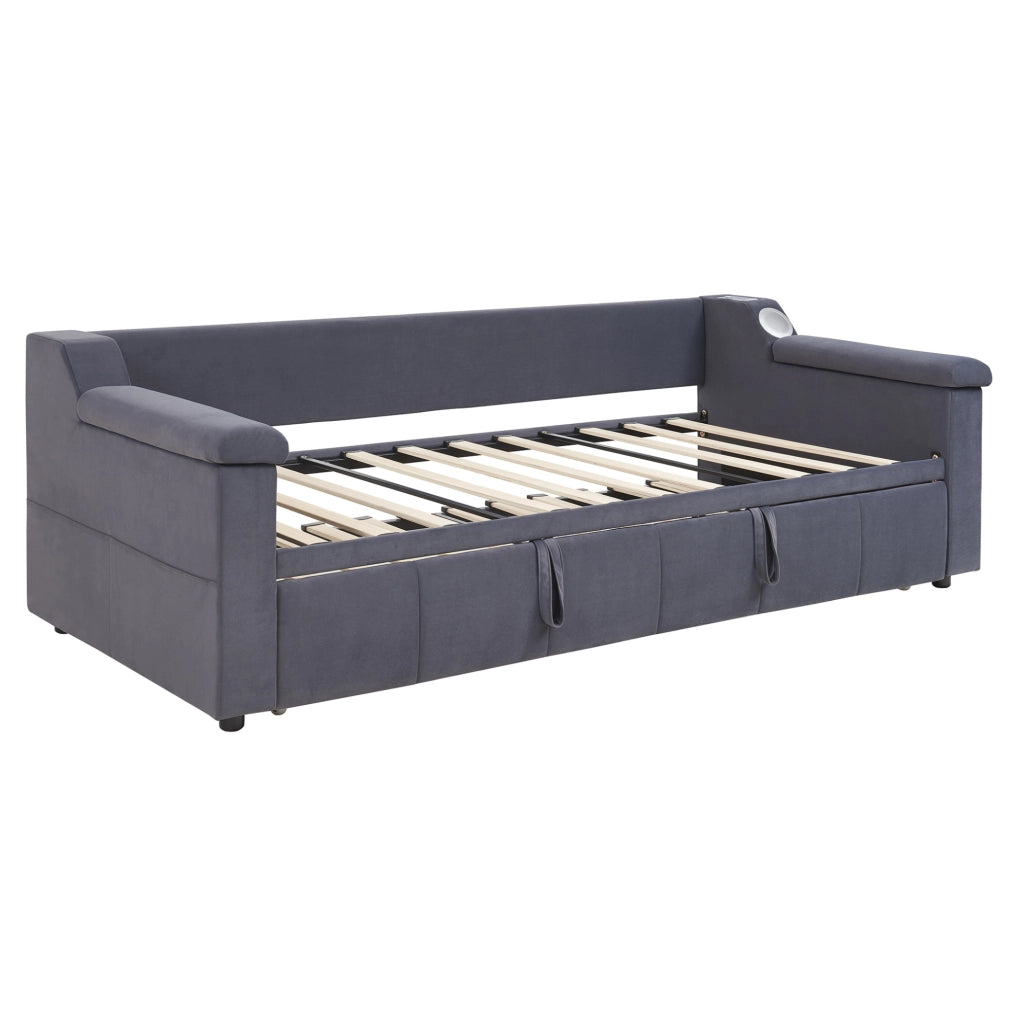 Divano letto imbottito con estensione idraulica 90/180x190 cm; velluto grigio; con Bluetooth e USB
