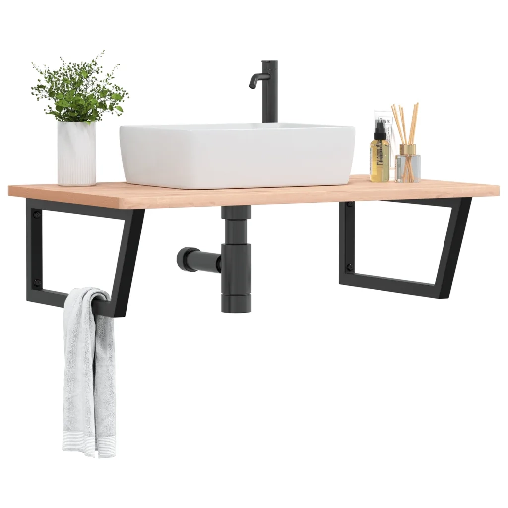 Ripiano a Parete per Lavabo in Acciaio e Massello di Faggio 3302519