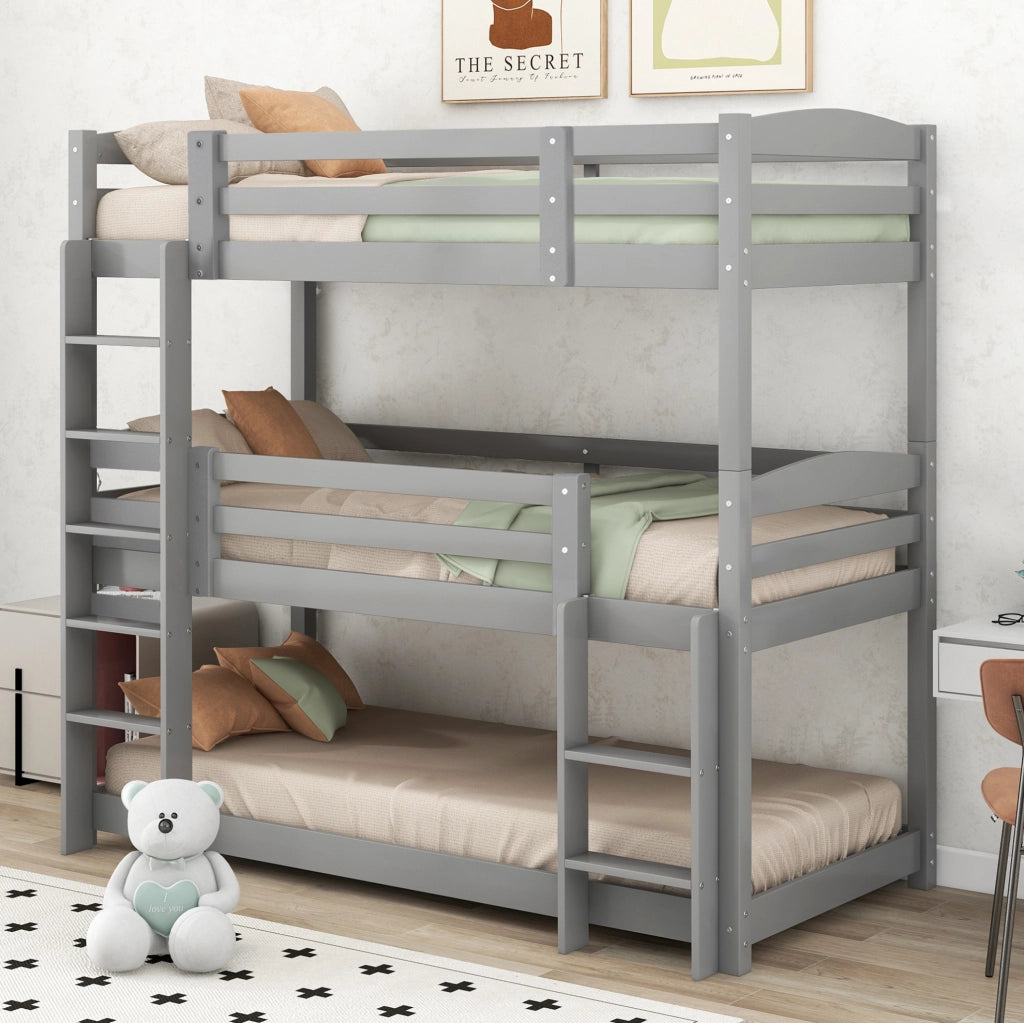 Letto a castello triplo in legno 90x200 cm grigio, soluzione salvaspazio