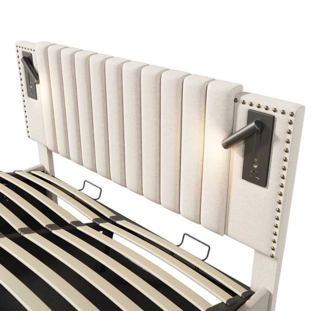 Letto contenitore 160x200 cm con luci da lettura e porte USB beige