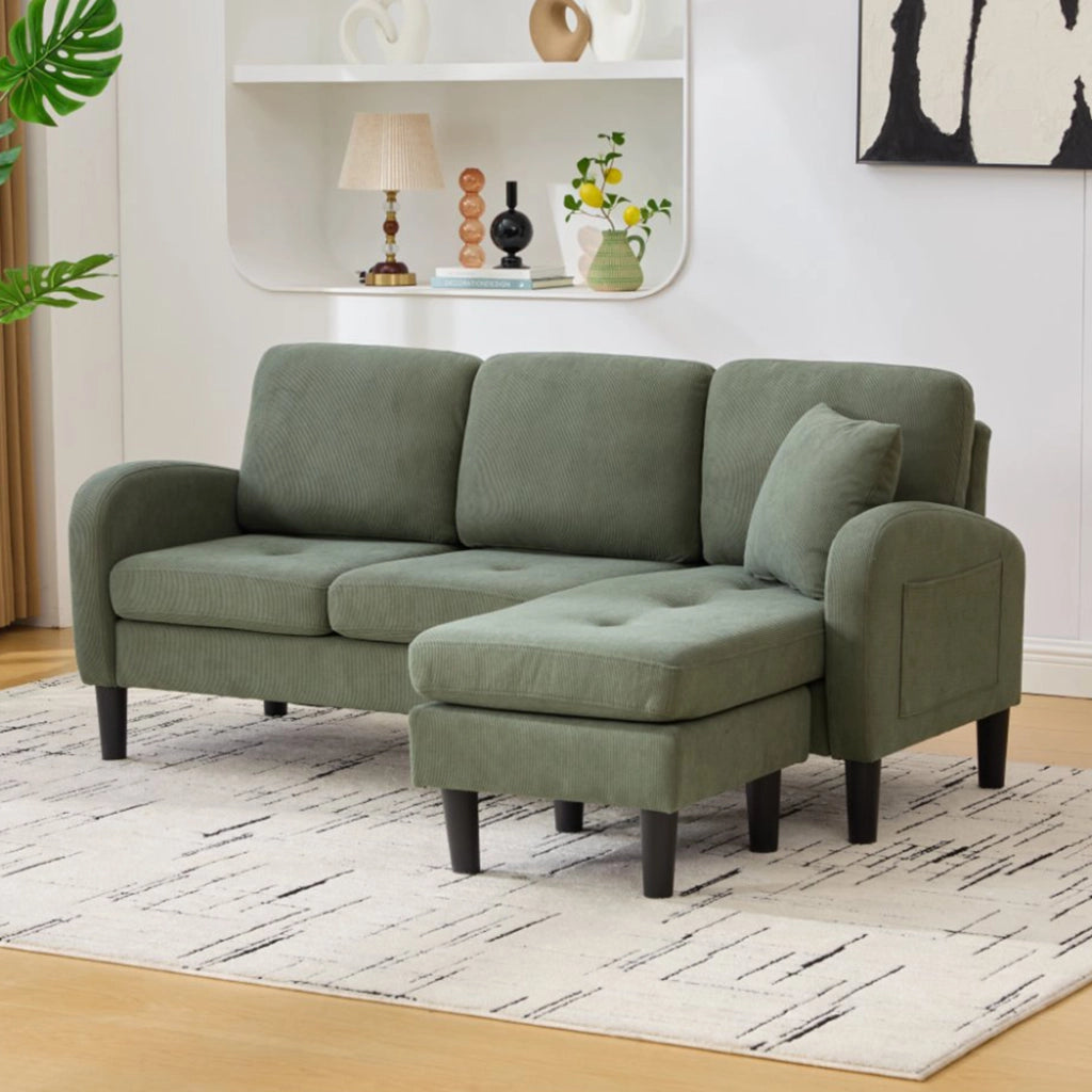Divano angolare modulare 3 posti con chaise longue reversibile in corda verde