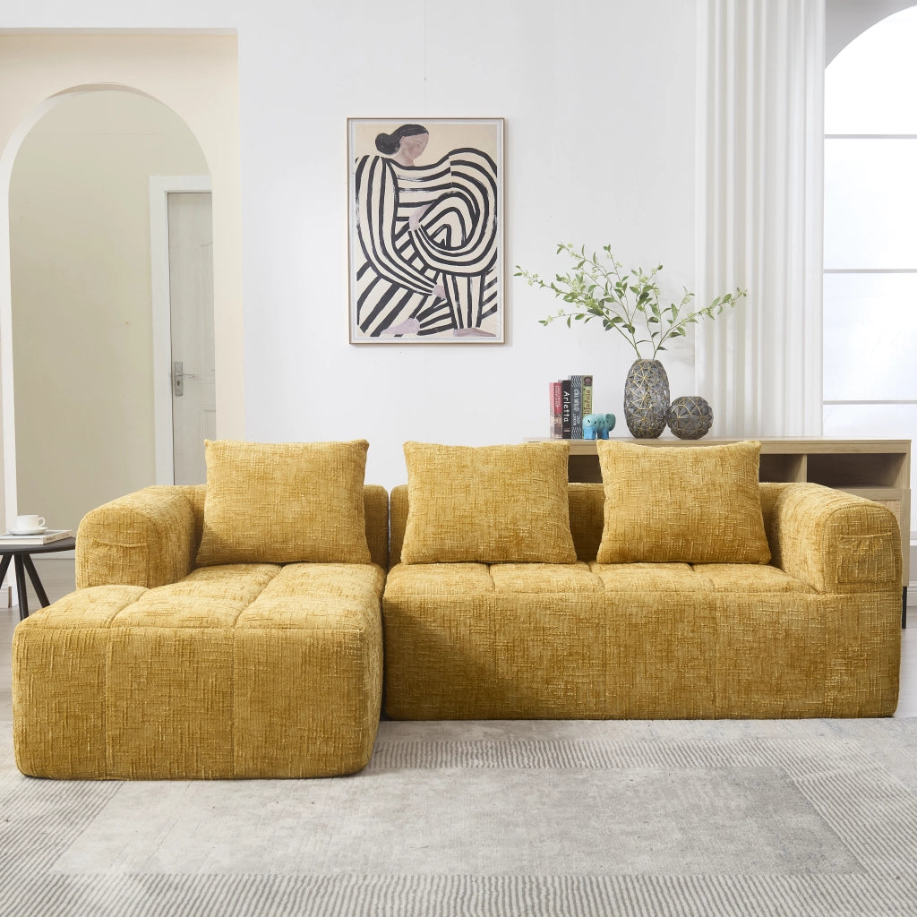 Divano modulare ad angolo 3 Posti con chaise longue Tasche laterali e 3 Cuscini in Ciniglia Giallo 250 × 158 × 60 cm