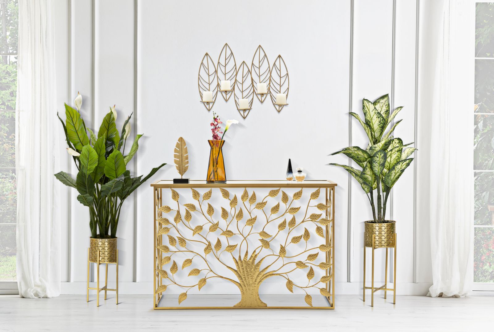 Portacandele da Parete 4 Posti 66x14x56 cm in Metallo Oro