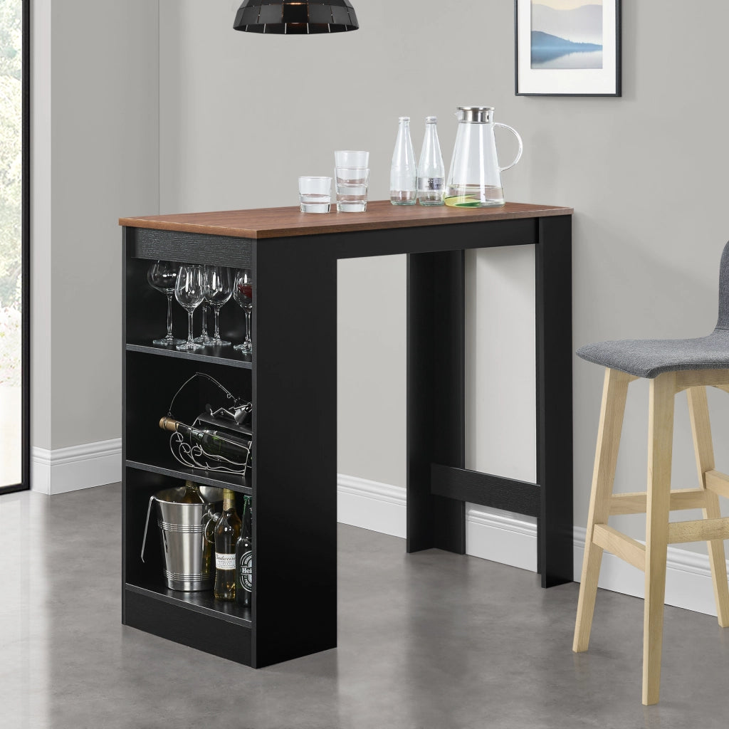 Bancone Tavolo Alto da Bar Kouvola con 3 Scomparti Aperti 110x50x103 cm - Nero/Effetto Noce [en.casa]