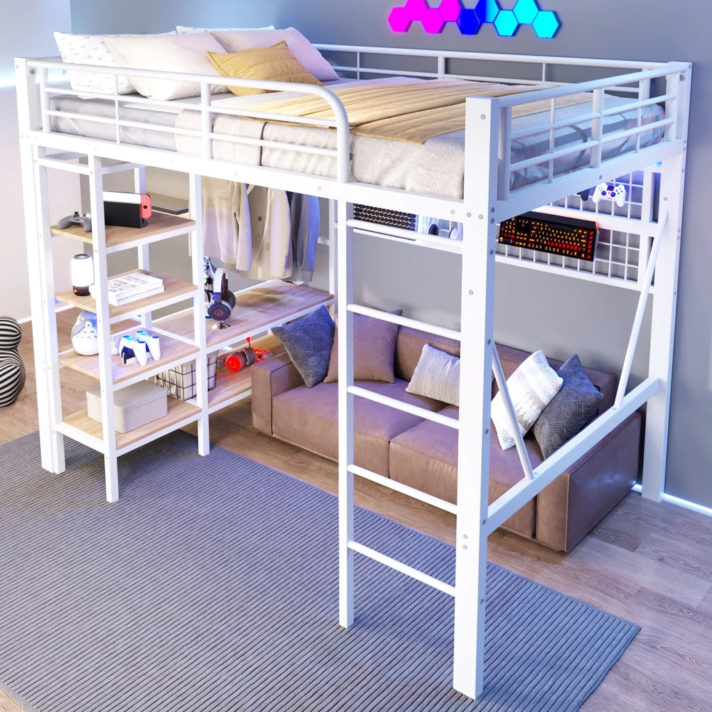 LETTO a soppalco 140x200 cm in metallo e MDF bianco con LED