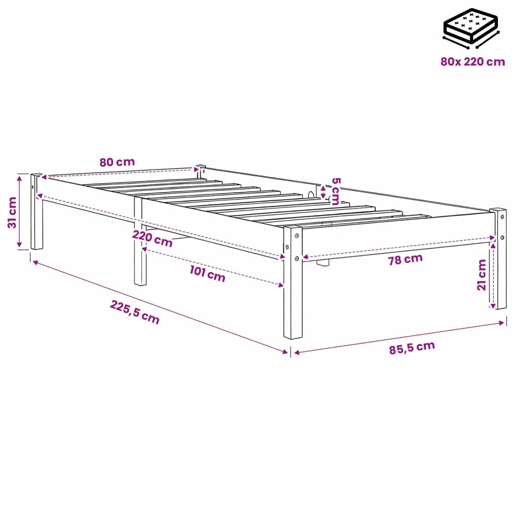 Letto Extra Lungo senza Materasso Bianco 80x220 cm in Pino 852415
