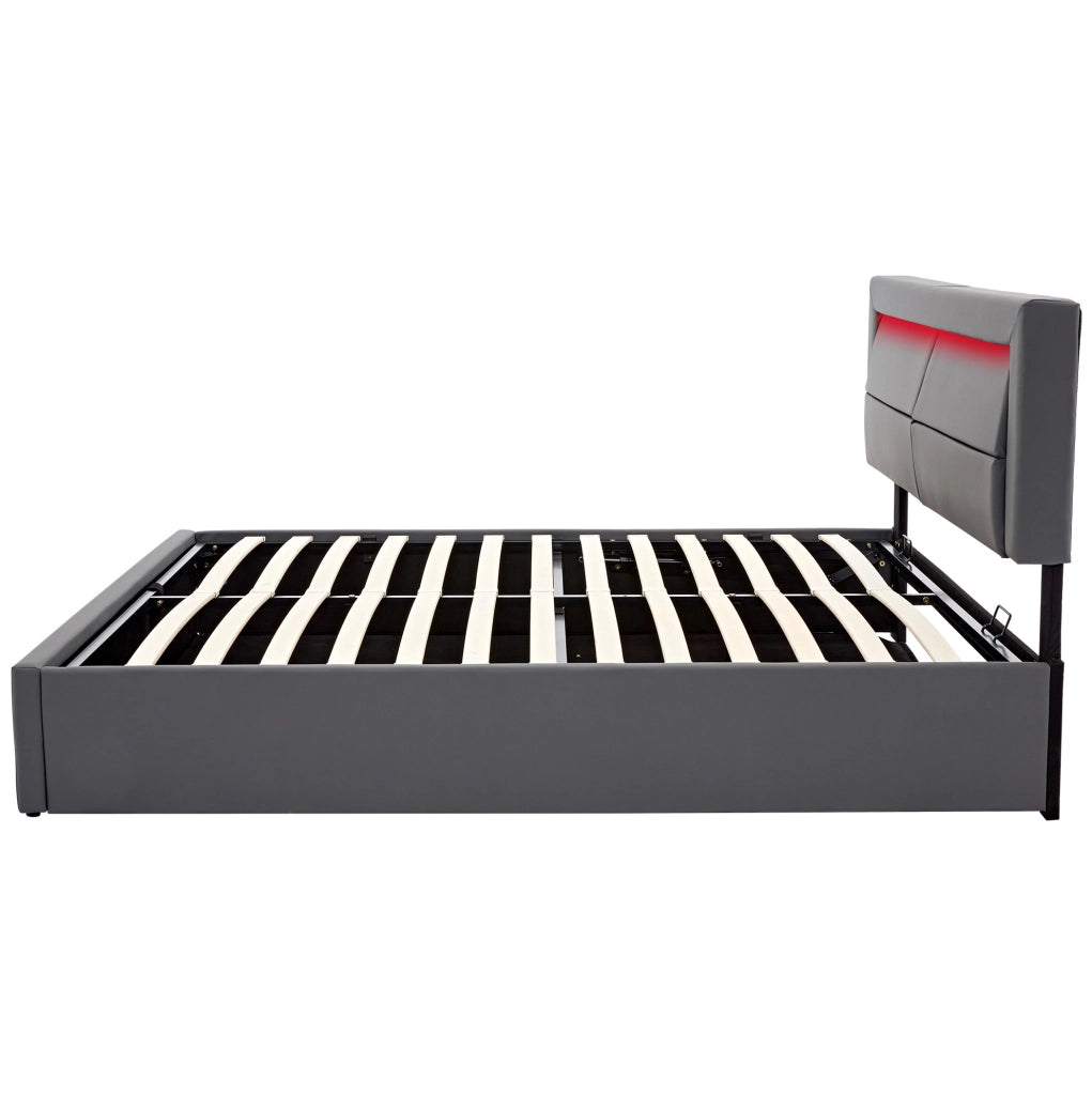 Letto imbottito matrimoniale 140x200 cm in PU grigio con USB; LED e contenitore