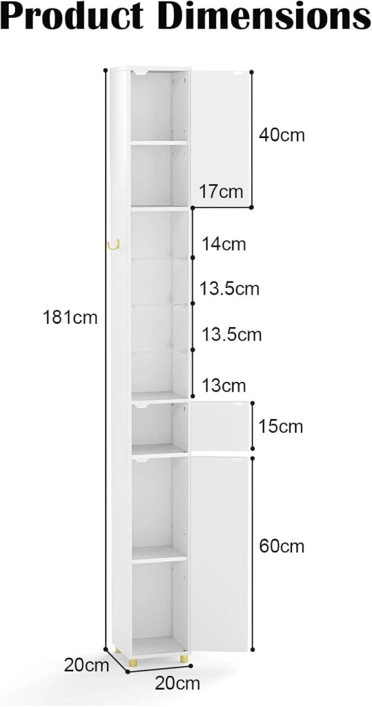 Colonna Bagno Alta, Ripiano in Vetro Temperato, Luce a 3 Colori, Piccolo Mobile di Stoccaggio Bagno, 2 Ante, 1 Cassetto, per Soggiorno, Ufficio, 20 x 20 x 181 cm(4Ripiano-2, Bianco)