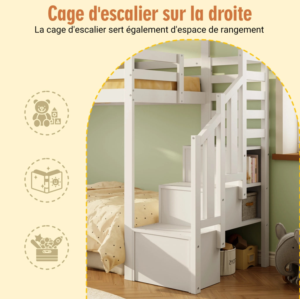 Letto a castello con scala contenitore e finestra; pino e MDF; per materasso 90x200 cm; bianco